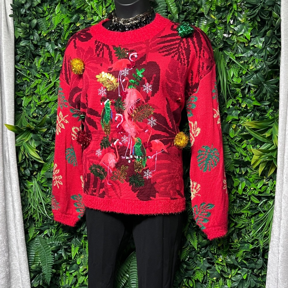 33 Degrees Sweater Large Red‎ Flamingo Christmas Tropical Sequin Feather  4049